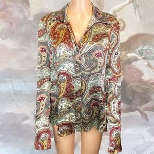 Lafayette 148 Silk Red Green Paisley Print Long Sleeve Button Up Shirt Blouse 8